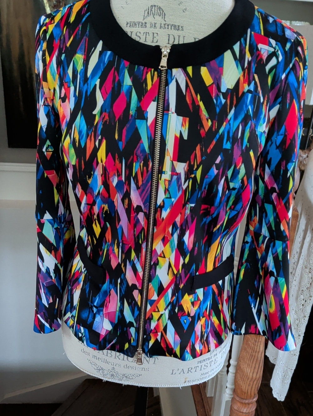 Joseph Ribkoff Black Multi-Color Geometric Zip Jacket